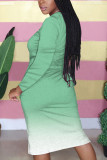 Светло-зеленый модный повседневный взрослый постепенное изменение лоскутное принт лоскутное шитье с круглым вырезом с длинным рукавом до колен платье с принтом платья