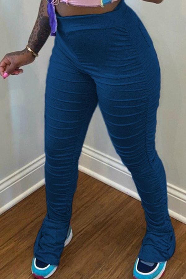 Pantalones ajustados con pliegues y aberturas sólidas para adultos de la calle de la moda azul