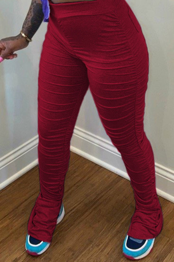 Красные бордовые модные уличные однотонные обтягивающие штаны для взрослых с разрезом и складками
