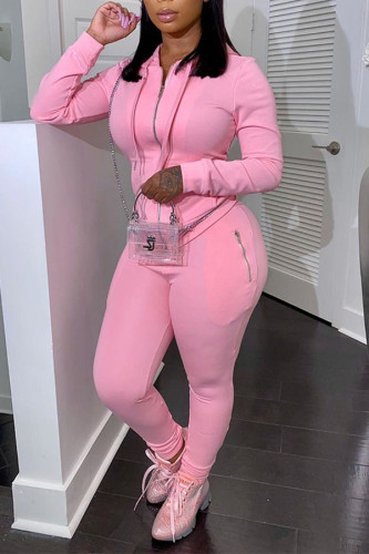 Pantalones lisos sexy rosa con cuello con cremallera y talla grande