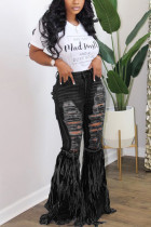 Black Fashion Casual Adult Polyester Letter Solid Tassel Ripped Letter O Neck Short Sleeve Regular Sleeve Regular Two Pieces