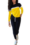 Vêtements de sport jaunes à la mode pour adultes, Patchwork solide, col rond, manches longues, manches régulières, deux pièces régulières
