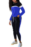 Blaue modische Sportbekleidung für Erwachsene, Patchwork, solides Patchwork, O-Ausschnitt, lange Ärmel, normale Ärmel, normale Zweiteile