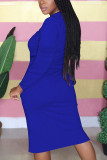 Синяя модная повседневная однотонная лоскутная футболка для взрослых с круглым вырезом и длинным рукавом до колена, платье-футболка, платья