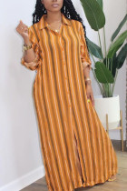 Orange Fashion Casual Polyester Striped Print Bateau Neck Long Sleeve Floor Length Straight Dresses