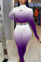 Фиолетовый Модный принт в стиле пэчворк О-образным вырезом с длинным рукавом Обычный рукав Обычный комплект из двух частей