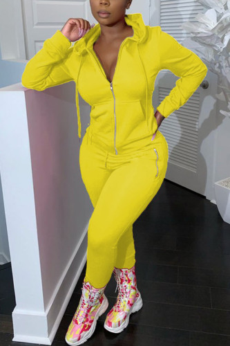 Gelb Mode Erwachsene Ma'am Street Solid Zweiteiler Bleistift Langarm Zweiteiler
