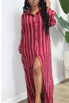 Wine Red Fashion Casual Polyester Striped Print Bateau Neck Long Sleeve Floor Length Straight Dresses