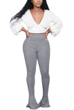 Grey Fashion Sexy Adult Solid Patchwork V Neck Long Sleeve Hubble-Bubble Sleeve Short Two Pieces
