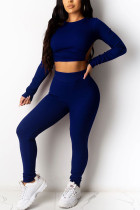 Royal blue Sexy Casual Blends Pit Article Fabrics Solid Pierced Bandage Hollowed Out Backless O Neck Long Sleeve Regular Sleeve Short Two Pieces