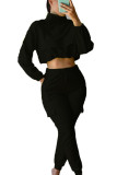 Schwarzer lässiger Sportswear-Einteiler mit Rollkragen, langen Ärmeln, kurzen Zweiteilen