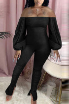 Black Fashion Sexy Adult Solid Patchwork Bateau Neck Skinny Jumpsuits
