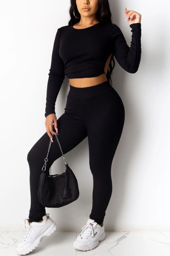 Black Sexy Casual Blends Pit Article Fabrics Solid Pierced Bandage Hollowed Out Backless O Neck Long Sleeve Regular Sleeve Short Two Pieces