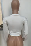 Tops de cintura alta con cuello redondo y frenillo ahuecado con vendaje perforado sólido con estampado de letras callejeras sexys de moda blanca