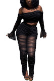 Black Fashion Adult Elegant Solid Patchwork See-through Bateau Neck Long Sleeve Flare Sleeve Short Two Pieces