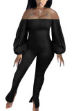 Zwarte mode sexy volwassen effen patchwork skinny jumpsuits met bateau-hals
