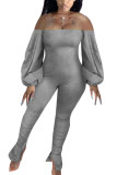 Grey Fashion Sexy Adult Solid Patchwork Bateau Neck Skinny Jumpsuits