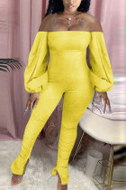 黄色のファッションセクシーな大人の固体パッチワークバトーネックスキニージャンプスーツ