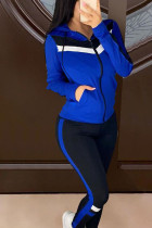 Blue Casual Sportswear Patchwork Solid Split Joint Hooded Collar Long Sleeve Short Two Pieces