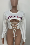 White Fashion Sexy Street Letter Print Solid Pierced Bandage Hollowed Out Frenulum O Neck High Waist Tops