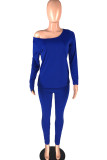Blue Milk Silk Mode Aktiv vuxen fru Solid tvådelad kostym Rak långärmad tvådelad