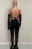Black Fashion Adult Elegant Solid Patchwork See-through Bateau Neck Long Sleeve Flare Sleeve Short Two Pieces
