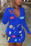 Blue England Длинные рукава V-образным вырезом A-Line Мини-принт в горошек Пэчворк асимметричные платья