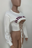White Fashion Sexy Street Letter Print Solid Pierced Bandage Hollowed Out Frenulum O Neck High Waist Tops
