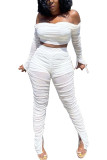 White Fashion Adult Elegant Solid Patchwork See-through Bateau Neck Long Sleeve Flare Sleeve Short Two Pieces