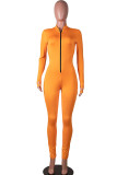 オレンジファッションカジュアルソリッドジッパーミルク。 長袖Oネックジャンプスーツ