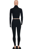 Black Fashion Casual Adult Polyester Solid Embroidered O Neck Long Sleeve Regular Sleeve Regular Two Pieces