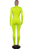 グリーンファッションカジュアルソリッドジッパーミルク。 長袖Oネックジャンプスーツ