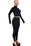 Black Fashion Casual Adult Polyester Solid Embroidered O Neck Long Sleeve Regular Sleeve Regular Two Pieces
