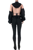Black Fashion adult Ma'am Street Solid backless Two Piece Suits pencil Long Sleeve Two Pieces