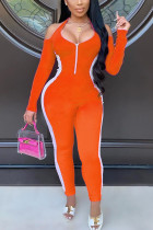 Оранжевый модный сексуальный лоскутный комбинезон для взрослых, однотонный лоскутный узкий комбинезон с лямкой на шее