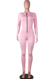 Roze Mode Casual Solide rits Melk. Jumpsuits met lange mouwen en O-hals