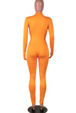 オレンジファッションカジュアルソリッドジッパーミルク。 長袖Oネックジャンプスーツ