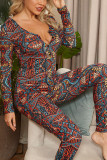 mehrfarbig Sexy Living Knitting National Totem Print Knöpfe U-Ausschnitt Plus Size