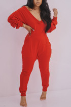 Rode sexy casual spandex-mixen effen losse jumpsuits met V-hals