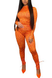 Orange Mode Sexig Vuxen Print O-hals Långärmad Cap Sleeve Två delar