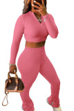 Roze mode sportkleding volwassen effen patchwork O-hals lange mouw normale mouw korte twee stukken