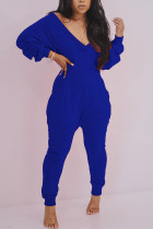 Blue Sexy Casual Spandex Blends Solid V Neck Loose Jumpsuits