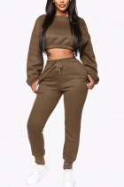 Khaki Casual Two Piece Suits Patchwork Solid Straight Long Sleeve Two-piece Pants Set
