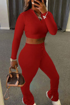 Красная модная спортивная одежда для взрослых, однотонная лоскутная одежда с круглым вырезом, длинным рукавом, стандартным рукавом, короткие комплекты из двух предметов