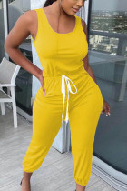 Yellow Fashion Sexy Polyester Solid Split Joint Spaghetti Strap Regular Jumpsuits