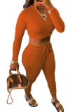 Orange Work Daily Solid O Neck Long Sleeve Short Two Pieces