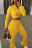 Желтая модная спортивная одежда для взрослых, однотонная лоскутная одежда с круглым вырезом, длинным рукавом, стандартным рукавом, короткие комплекты из двух предметов