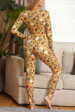 Gelbe Sexy Living Skinny-Jumpsuits mit Strickcharakter-Print und Knöpfen und V-Ausschnitt
