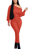 オレンジ ファッション カジュアル 大人 ソリッド ワンショルダー スキニー ジャンプスーツ