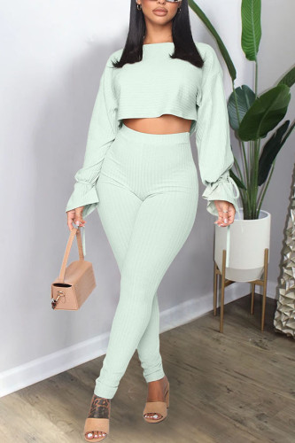 Light Green Casual Party Pit Article Fabrics Solid Bandage O Neck Long Sleeve Flare Sleeve Regular Two Pieces